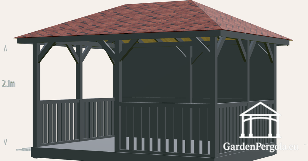 Gazebo 3x4m avec toit à quatre pentes en bardeaux rouges