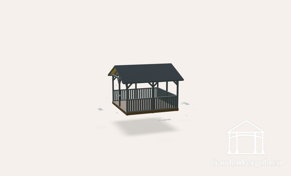 Gloriette 4x4m avec toit à double pente en bardeaux gris anthracite