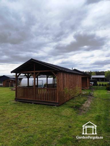 Gloriette marron avec toit en métal de 4x7m