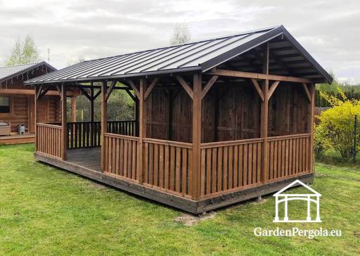 Gloriette marron avec toit en métal de 4x7m - garden gazebo pergola
