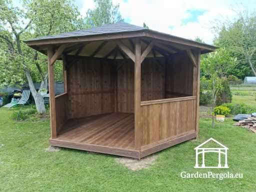 Gloriette de jardin hexagonale gris foncé avec toit en bardeaux gris - garden gazebo pergola