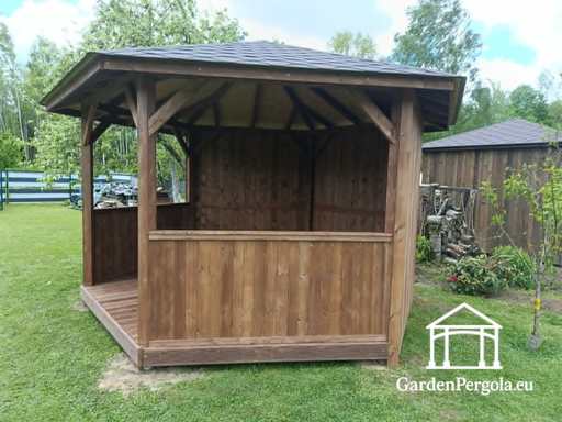 Gloriette de jardin hexagonale gris foncé avec toit en bardeaux gris