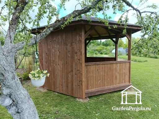 Gloriette de jardin hexagonale gris foncé avec toit en bardeaux gris