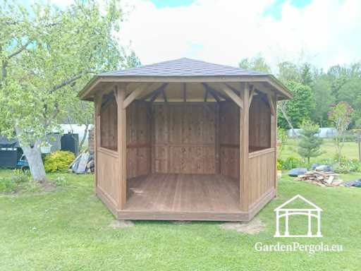 Gloriette de jardin hexagonale gris foncé avec toit en bardeaux gris