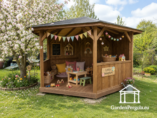 Gloriette de jardin hexagonale gris foncé avec toit en bardeaux gris
