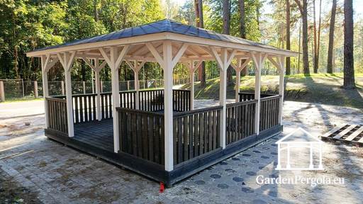 Gazebo en bois 5x5 m — Spacieux kiosque de jardin avec sol et deux entrées ouvertes