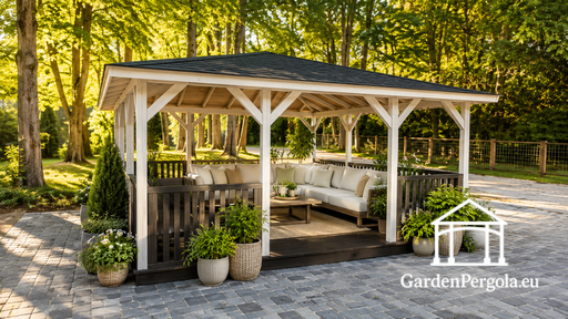 Gazebo en bois 5x5 m — Spacieux kiosque de jardin avec sol et deux entrées ouvertes