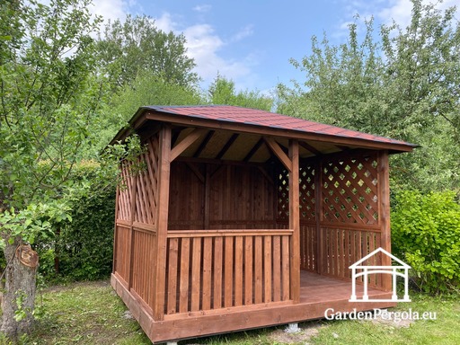 Gazebo en bois marron 3x3,5 m — gazebo de jardin confortable avec sol, mur arrière fermé et murs latéraux en treillis décoratif - garden gazebo pergola