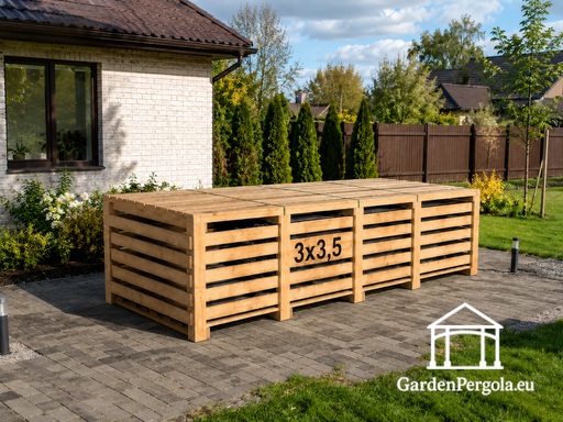 Gazebo en bois marron 3x3,5 m — gazebo de jardin confortable avec sol, mur arrière fermé et murs latéraux en treillis décoratif