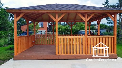 Gazebo en bois ambré 4x5 m — gazebo de jardin spacieux avec plancher, balustrades et toit couvert - garden gazebo pergola