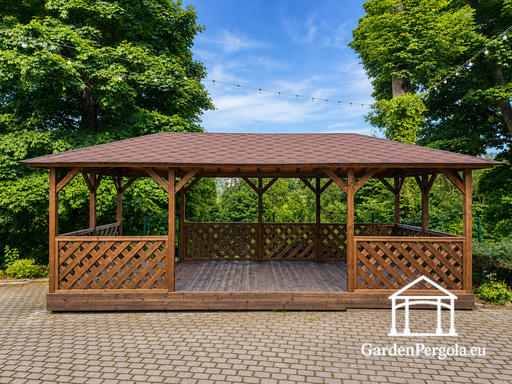 Gazebo en bois brun 4x7 m — Grand gazebo de jardin avec plancher, balustrades en treillis et toit en bardeaux - garden gazebo pergola