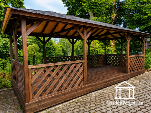 Gazebo en bois brun 4x7 m — Grand gazebo de jardin avec plancher, balustrades en treillis et toit en bardeaux