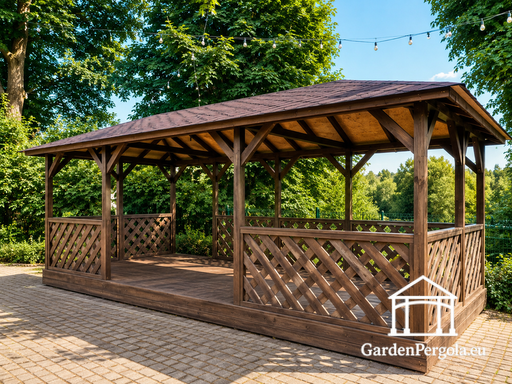 Gazebo en bois brun 4x7 m — Grand gazebo de jardin avec plancher, balustrades en treillis et toit en bardeaux