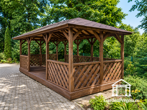 Gazebo en bois brun 4x7 m — Grand gazebo de jardin avec plancher, balustrades en treillis et toit en bardeaux
