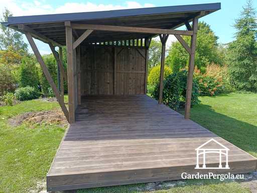 Gazebo de jardin en bois naturel 3x6 m couvert par un toit de 3x4 m