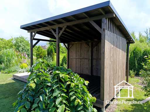Gazebo de jardin en bois naturel 3x6 m couvert par un toit de 3x4 m