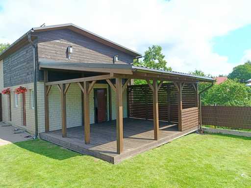 Véranda en bois brun foncé attenante à la maison avec toit couvert – 4,8×6 m - garden gazebo pergola
