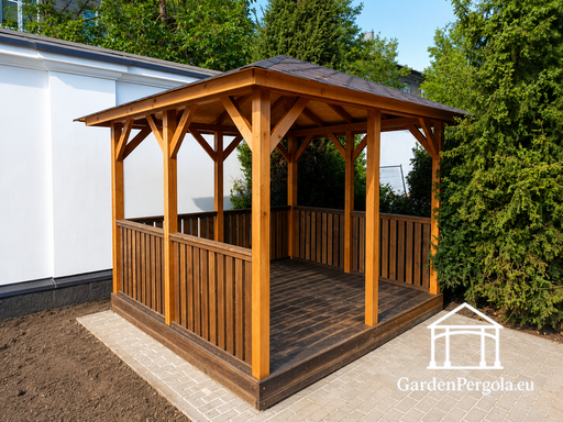 Gazebo en bois 3x4 m — Gazebo de jardin confortable avec plancher et mur arrière ouvert
