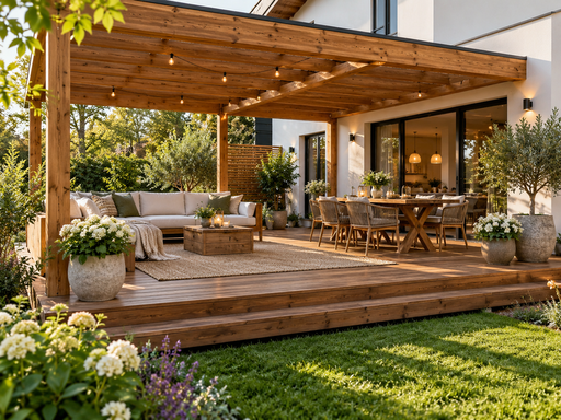 Terrasse en bois naturel 5 x 7 m avec marche