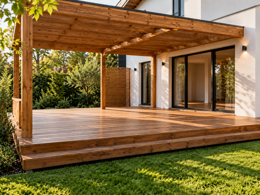 Terrasse en bois par la maison, taille, marches, garde-corps et design