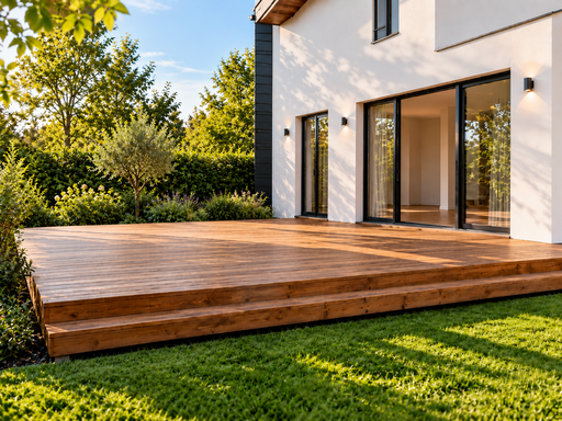 Terrasse en bois naturel 5 x 7 m avec marche - garden gazebo pergola