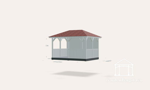 Gazebo 3x4m avec toit à quatre pentes en bardeaux rouges