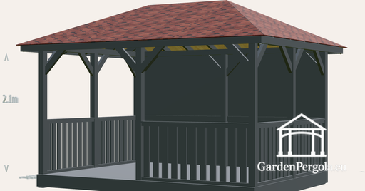 Gazebo 3x4m avec toit à quatre pentes en bardeaux rouges